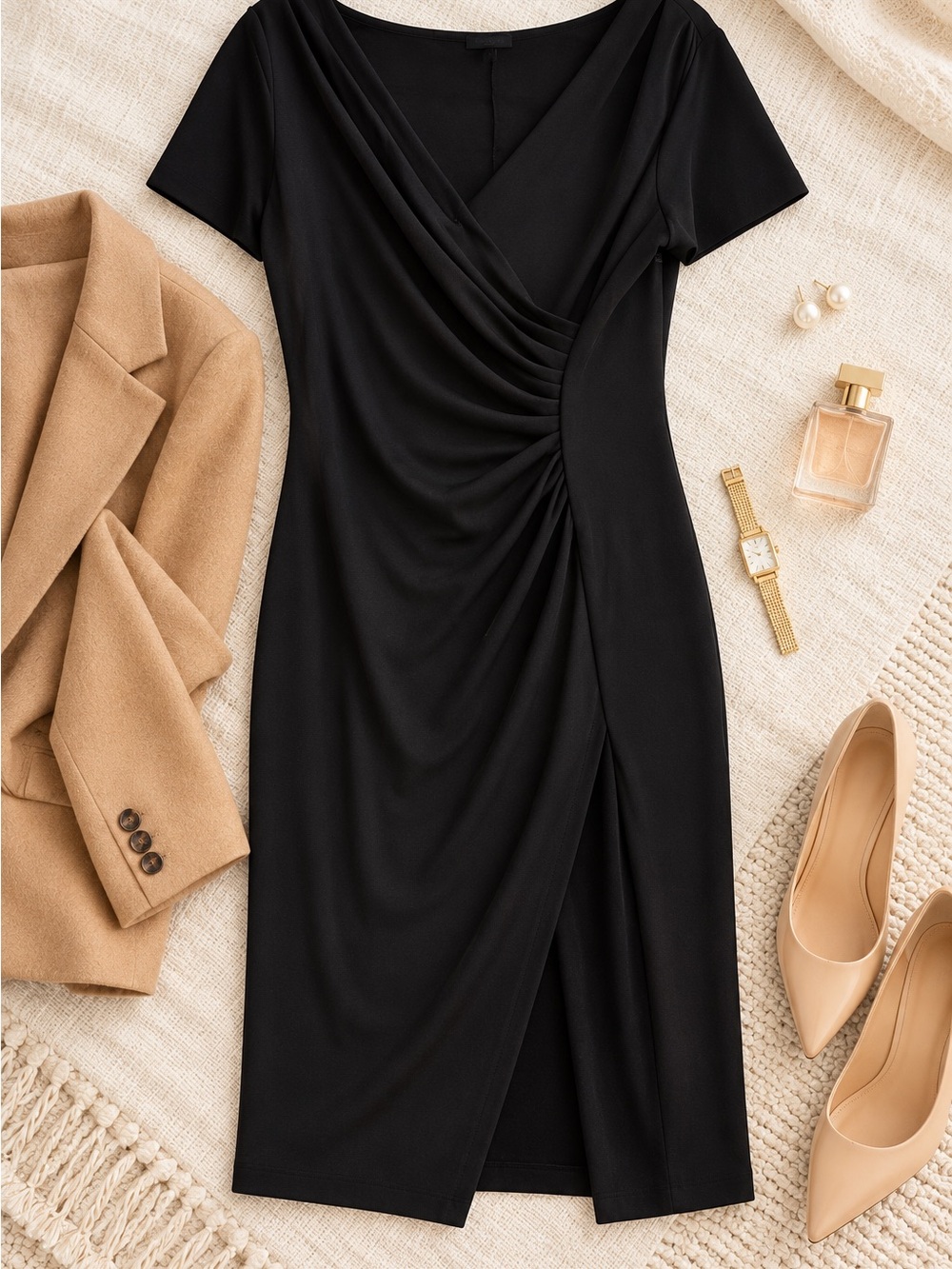 Talbots Petites Black Faux Wrap Ruched Sheath Dress MP Stretch LBD